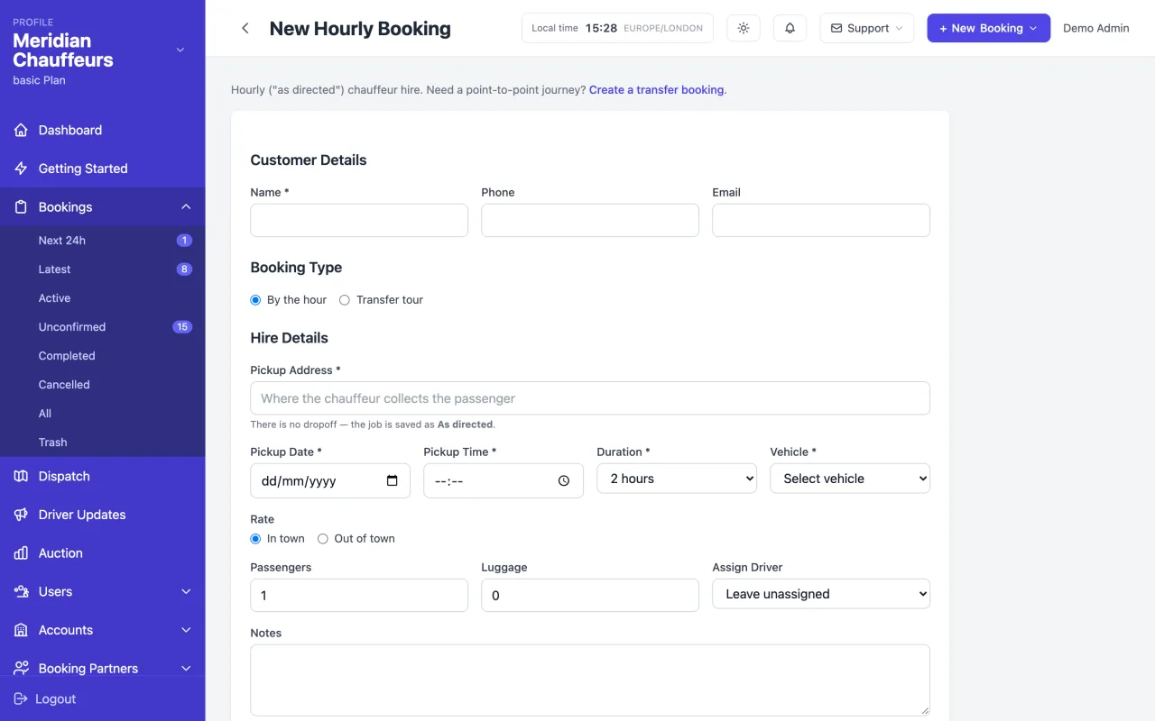 The operator's own hourly booking form in the CabZen admin with a live quote and an override total field.