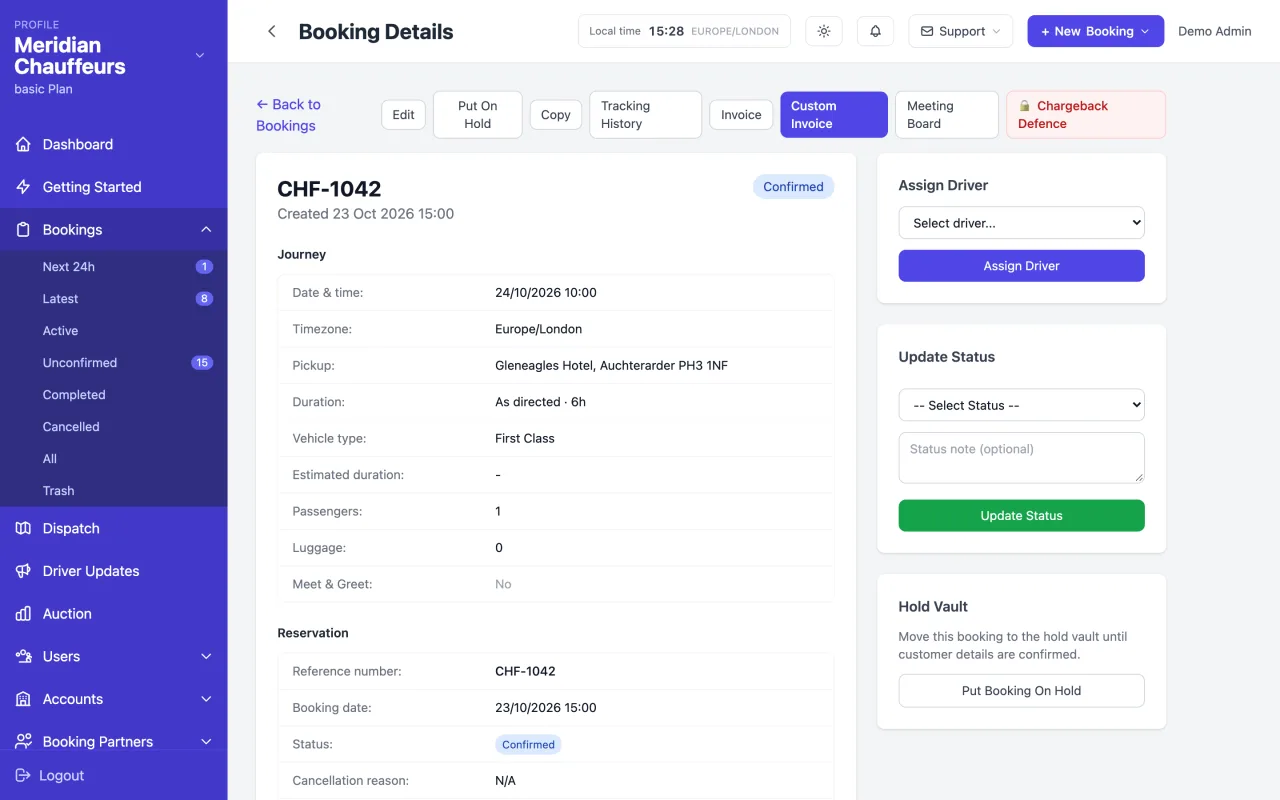 A booking record showing an hourly job with As directed and the booked hours, the hourly rate snapshot and payment status.