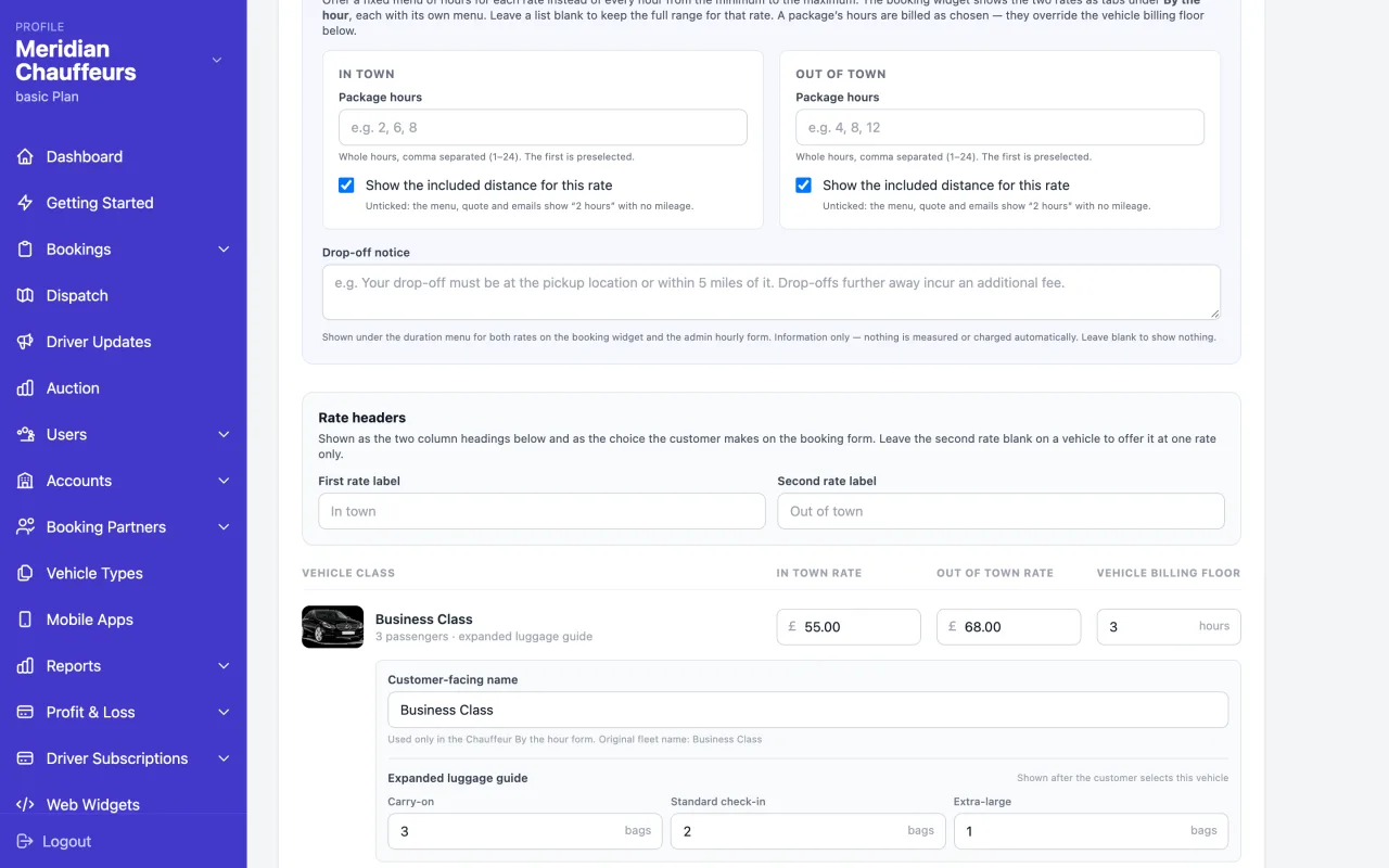 Settings screen with an in-town rate, out-of-town rate and minimum hours per vehicle class.