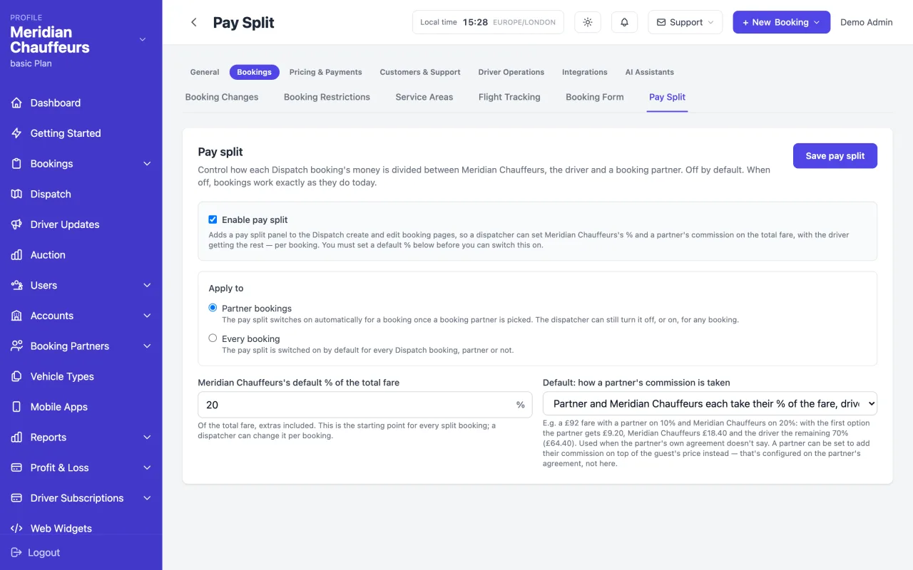 Pay split settings with the operator percentage, who pays the partner commission, and per-line defaults.
