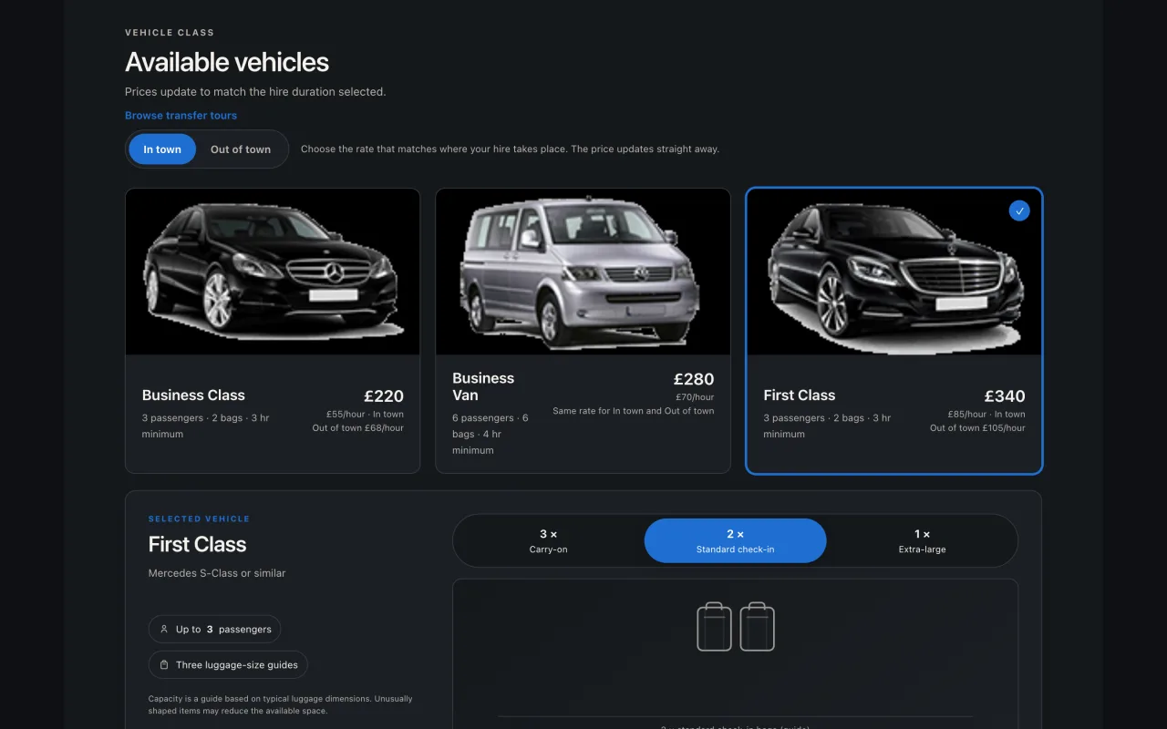 The CabZen chauffeur booking widget in the dark charcoal and gold preset, By the hour tab, showing three vehicle classes with hourly rates.
