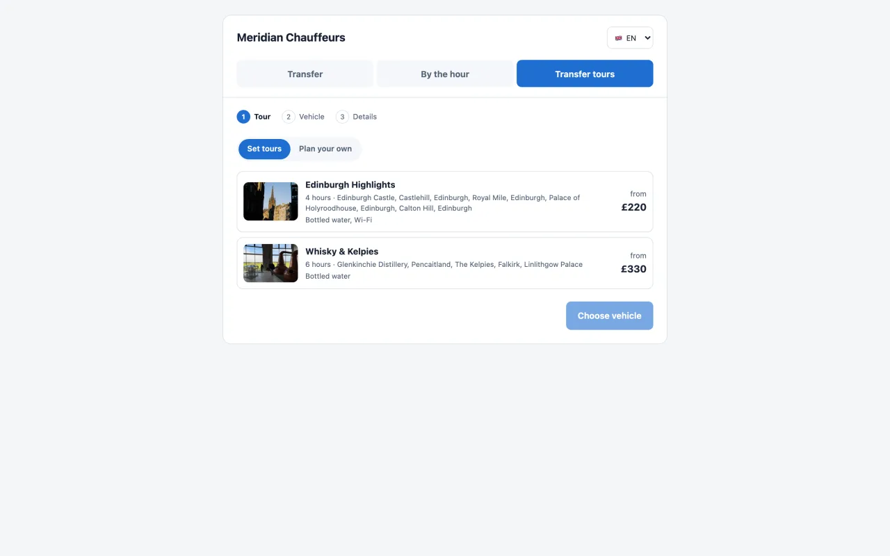 The Transfer tours tab of the booking widget showing a catalogue of set tours with durations and prices.