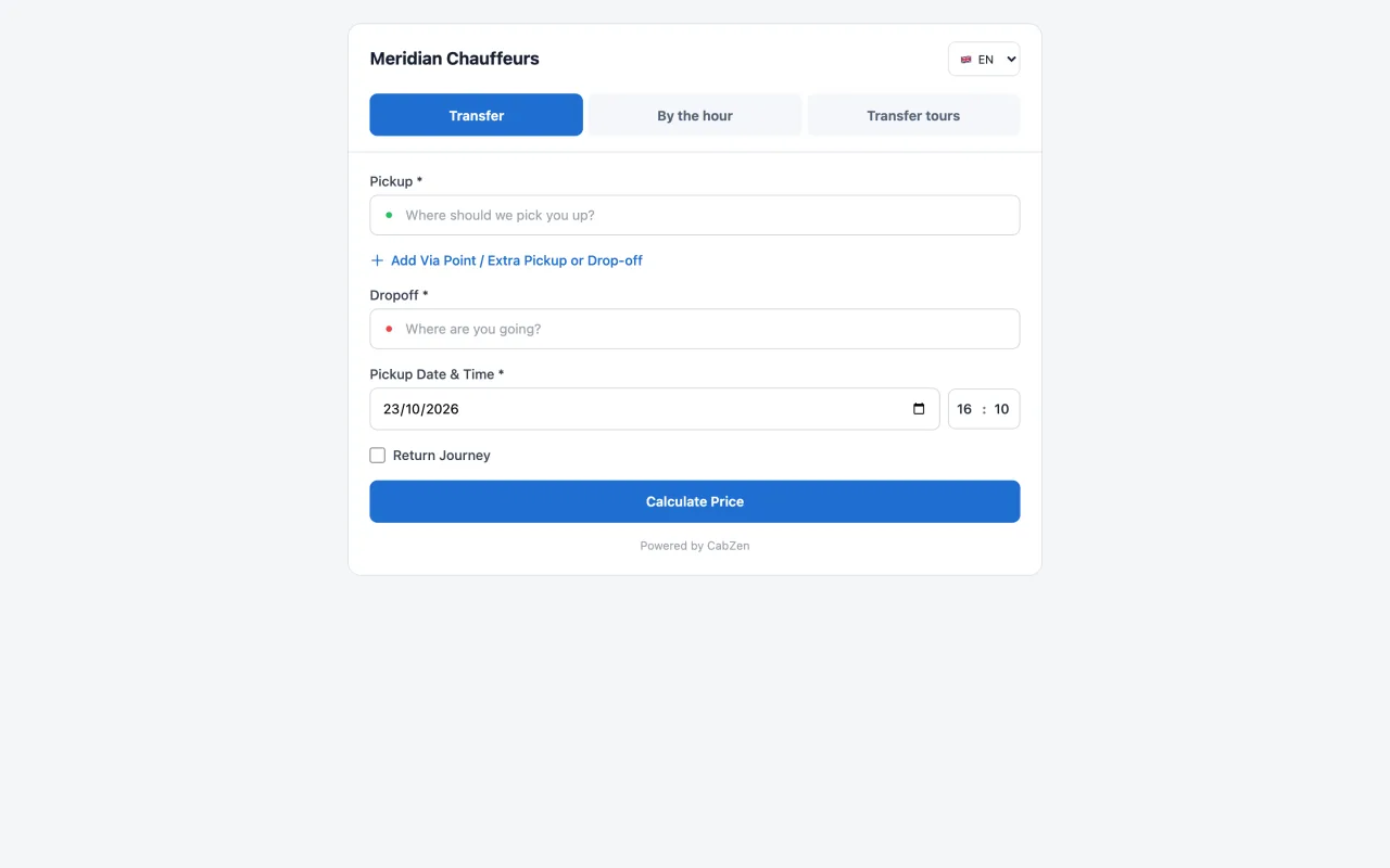 The Transfer tab of the same widget quoting a fixed-price executive airport transfer with vehicle classes.